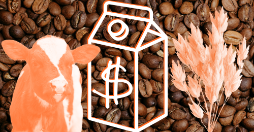 calf, oats, and milk carton with dollar sign