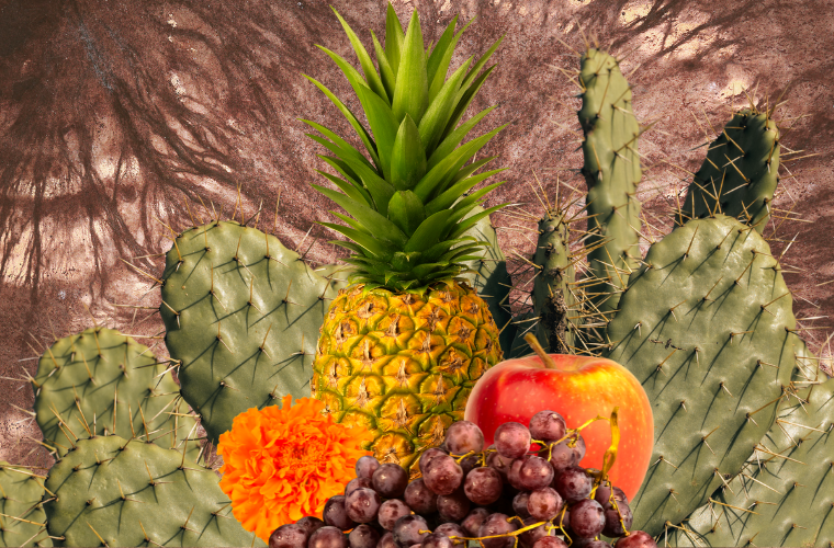 image of mycelium, cactus, and fruits and flower