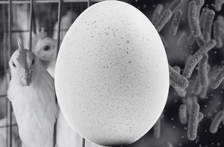 chickens in cage, salmonella, and an egg