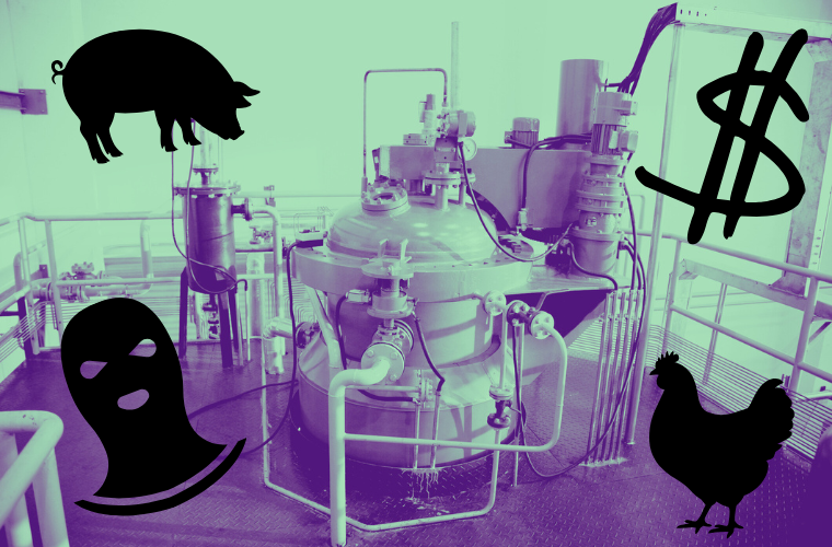 chemical reactor and icons of balaclava, pig, chicken, and dollar sign
