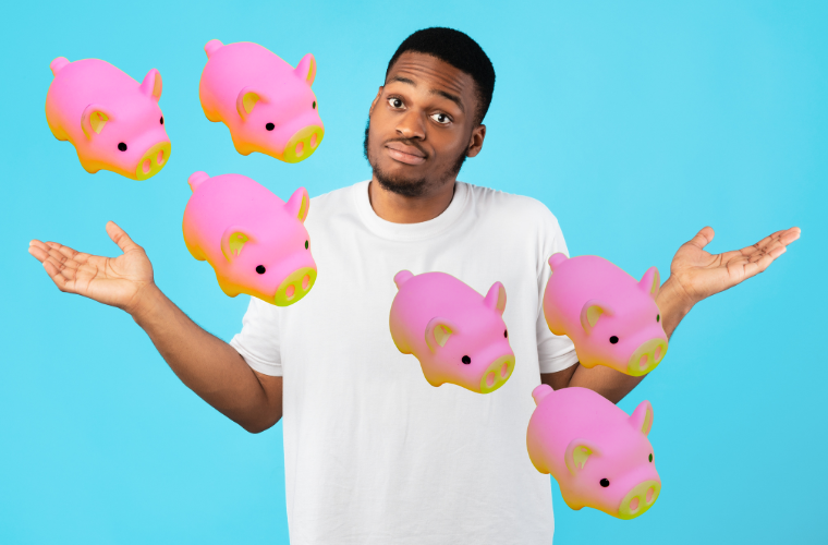 image person shrugging and plastic pigs