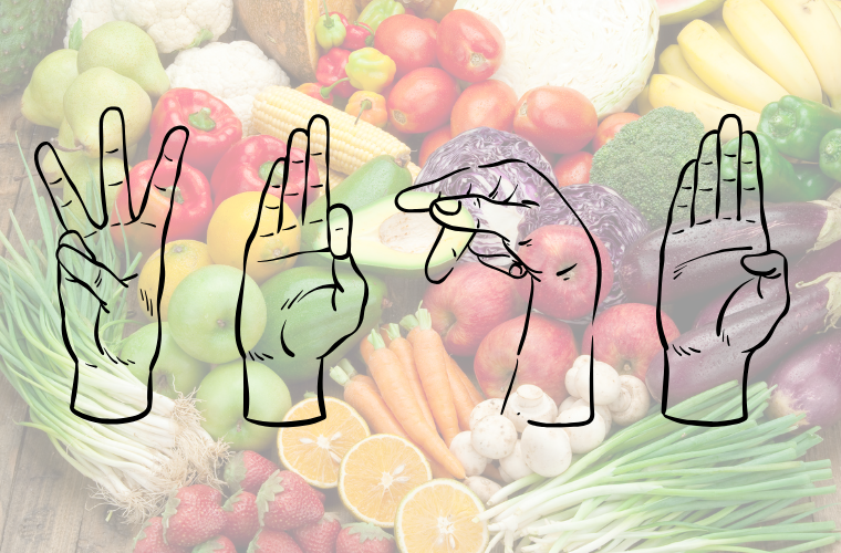 image of hands spelling 'WFPB' in ASL and fruits and veggies