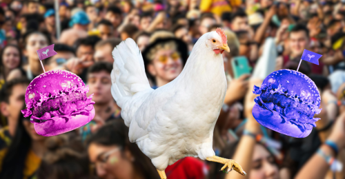 crowd at music festiva, chicken, and vegan burgers