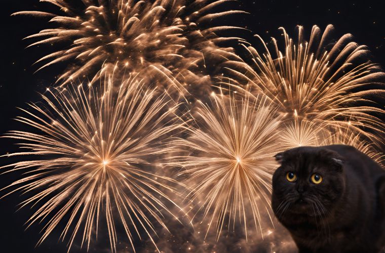 image of frightened cat and fireworks