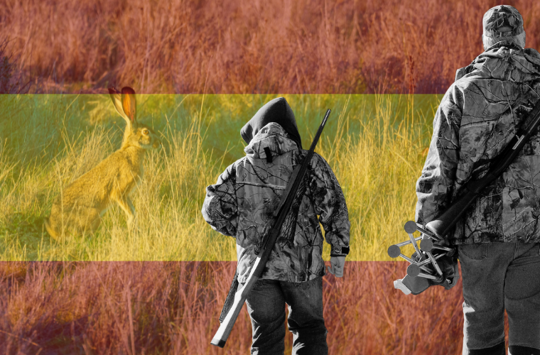 a hare and child and adult in hunting gear