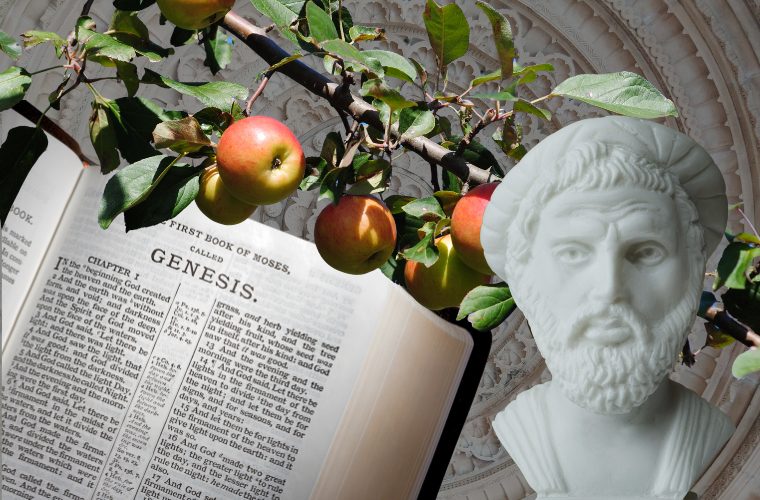 image of apples, bible, Pythagoras bust, and Jain temple ceiling