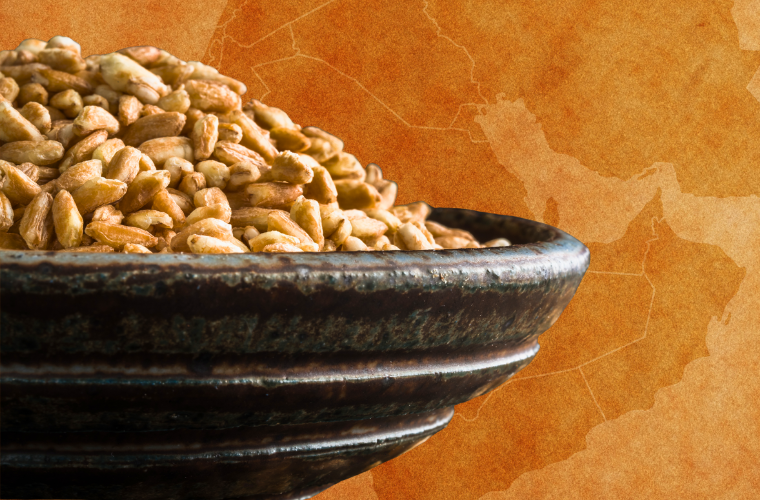 image of ancient grain in bowl and map of Middle East