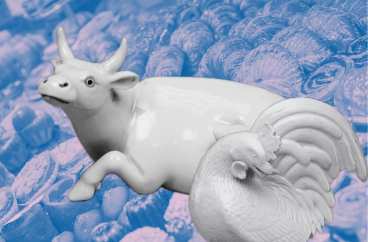 pastries and porcelain cow and hen