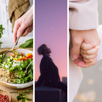 salad, human looking at sky, and parent holding child's hand