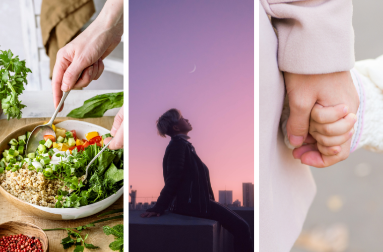 tossing salad, watching sunset, holding child's hand