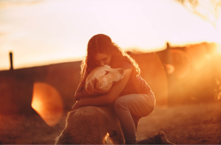 human hugging dog