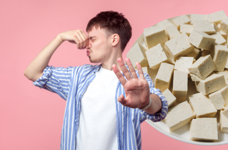person holding nose and tofu
