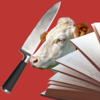 knife, cow, and book