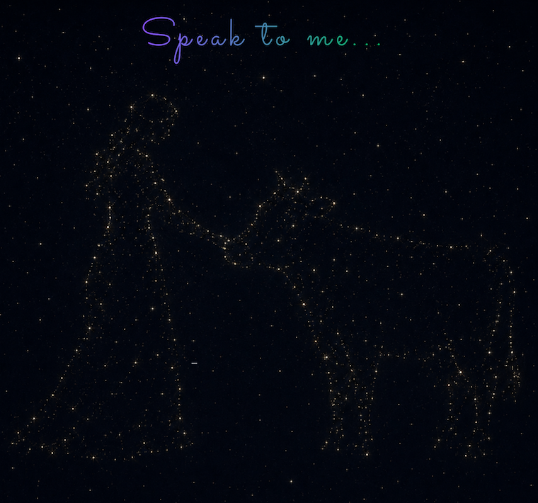 title and woman and cow made of stars