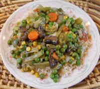 Cabbage, Carrots, Celery, Corn, Onions, Peas, and Portabella Mushroom Stir-Fry (Chinese Style)