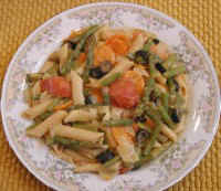Penne with Asparagus, Carrots, Olives, Onions, Tomatoes, and a Lemon Bean Sauce