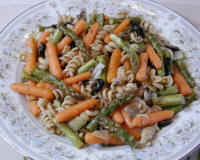 Rotini with Asparagus, Baby Carrots, Olives, Onions, and Lemon Sauce