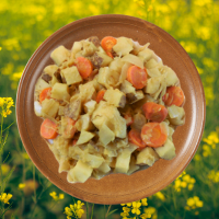 potato, sauerkraut, carrot, and onion with smoky mustard sauce