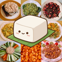 cute little tofu guy and various tofu dishes