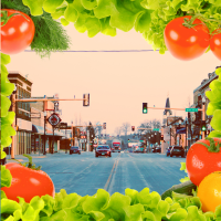 image of a main street and vegetables