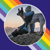 rainbow stripes and human with dog on hike