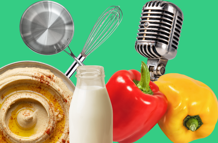 foods, cooking tools, and microphone