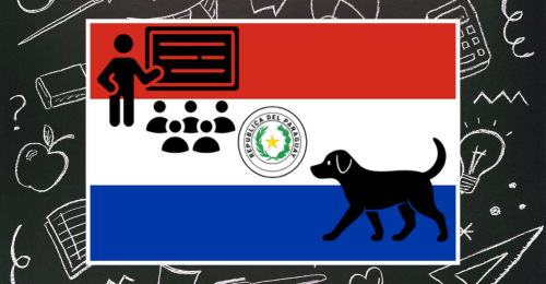 flag of Paraguay, chalkboard drawings, and icons of teaching and dog