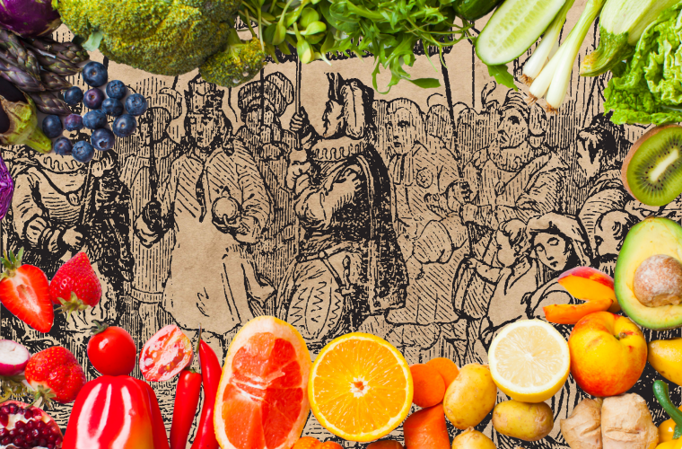 illustration from The Emperor's New Clothes and fruits and vegetables