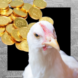 chicken, coins, and newspaper
