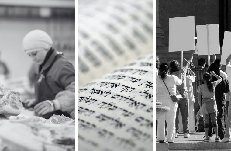 meat worker, Hebrew Bible, and people with signs